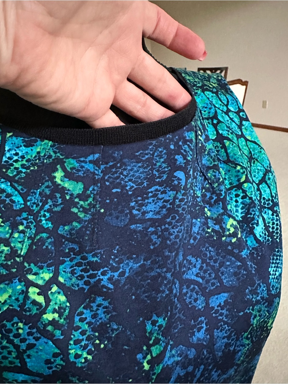 Tahari Teal and Navy Printed Sheath Dress - Picture 5 of 12
